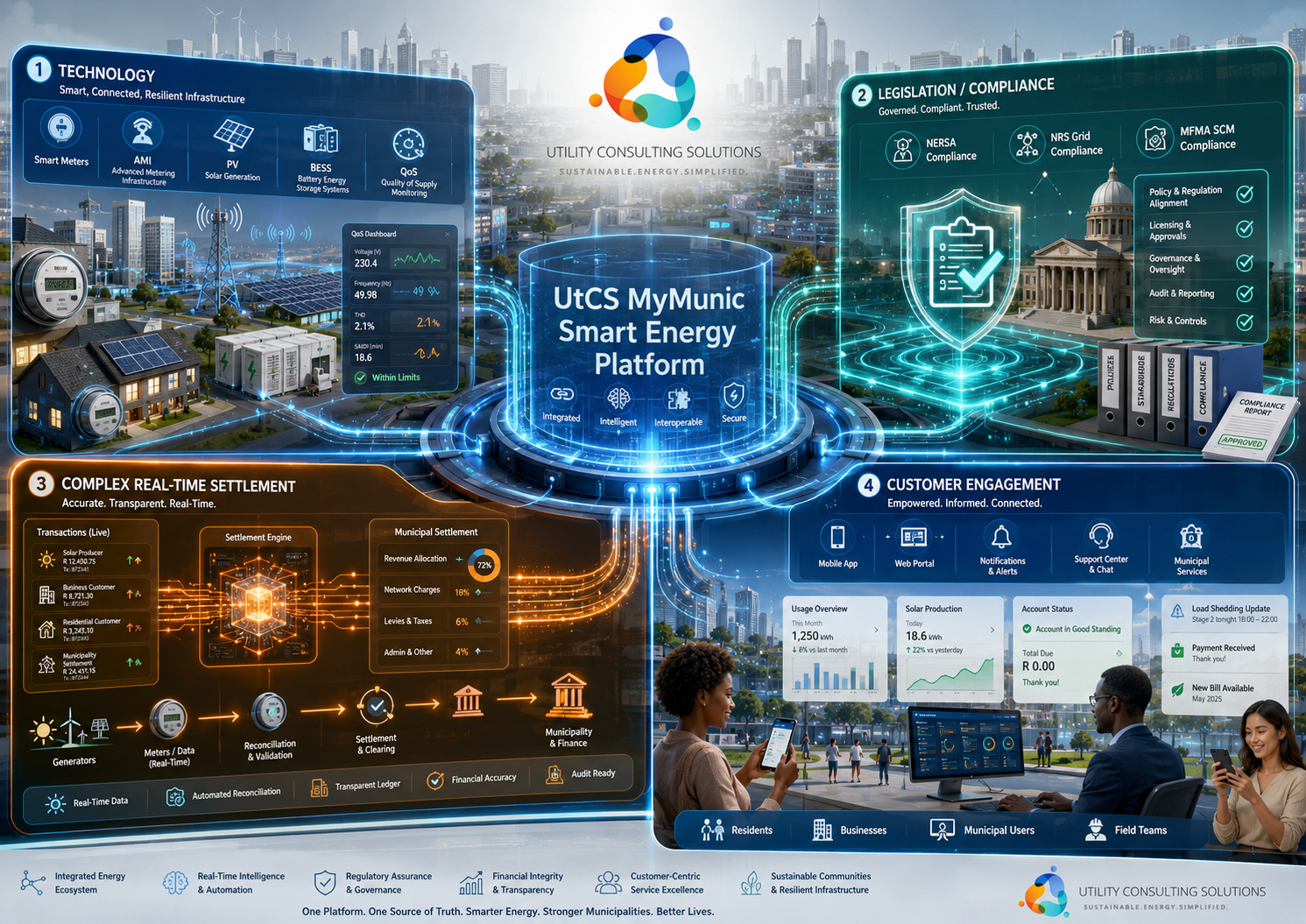 UtCS MyMunic Smart Energy Platform architecture showing Technology, Legislation and Compliance, Real-Time Settlement and Customer Engagement pillars around a central platform